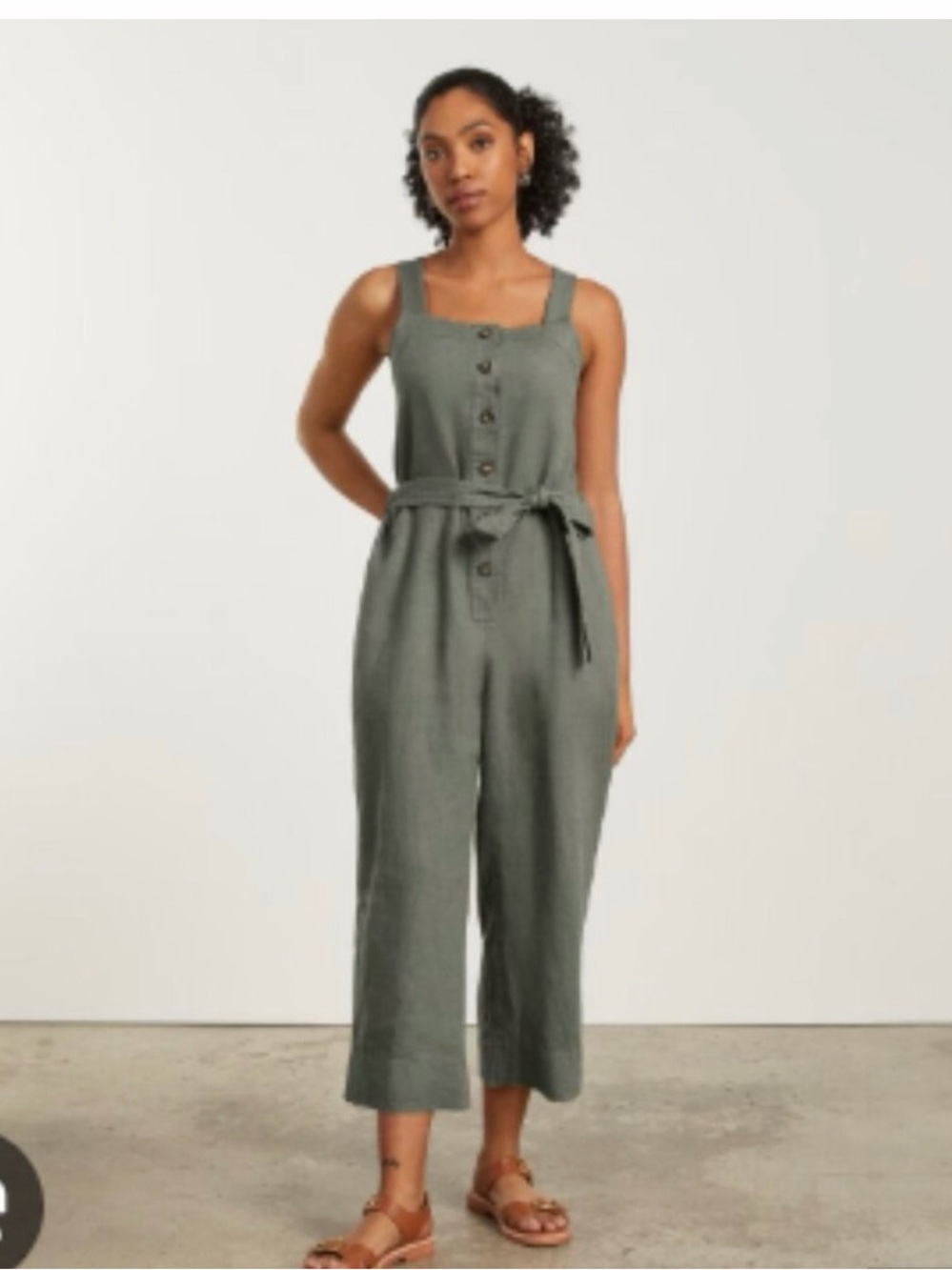 Everlane Olive Green Button-Front Sleeveless Jumpsuit with Waist Tie